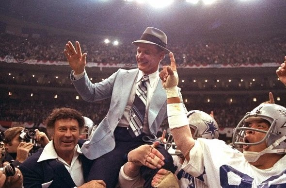 Cowboys head coach Tom Landry celebrates the victory. (Dallas Morning News)