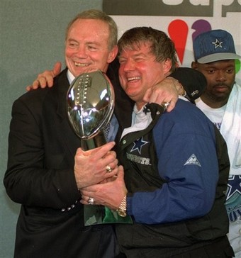Cowboys owner Jerry Jones and head coach Jimmy Johnson celebrate with the Lombardi Trophy. (AP)